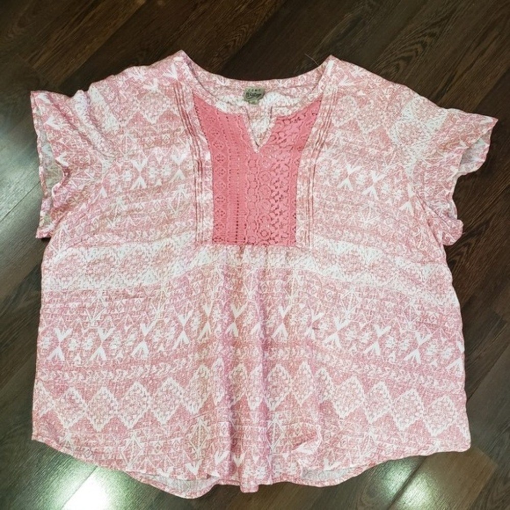 Como Vintage Womens 3X Pink White Tribal Print Crochet Lace‎ Bib Blouse Peasant